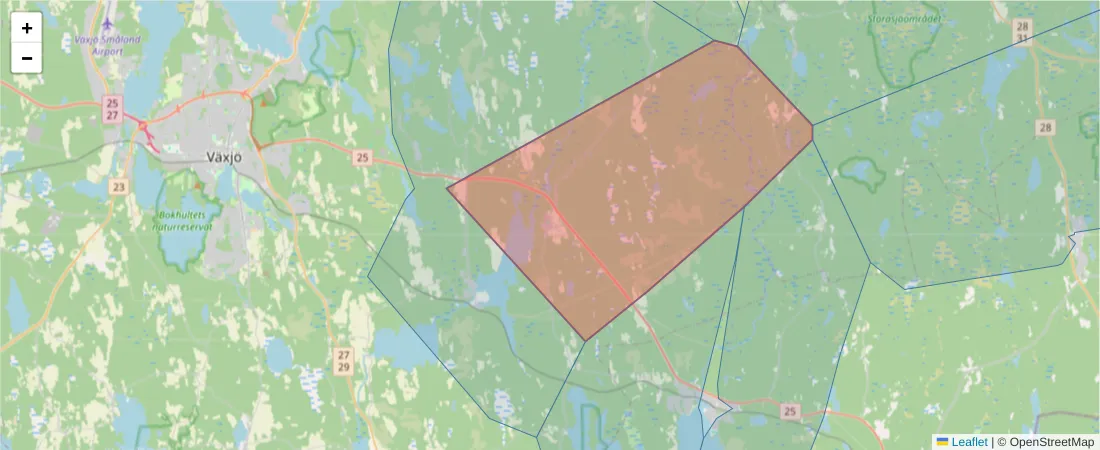 Karta över postnummerområdet  och angränsande postnummer i Sverige