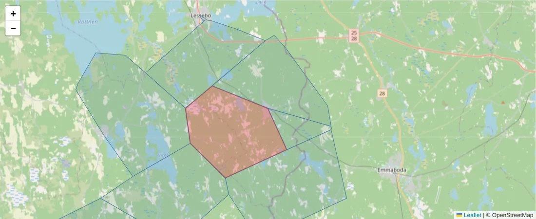 Karta över postnummerområdet  och angränsande postnummer i Sverige