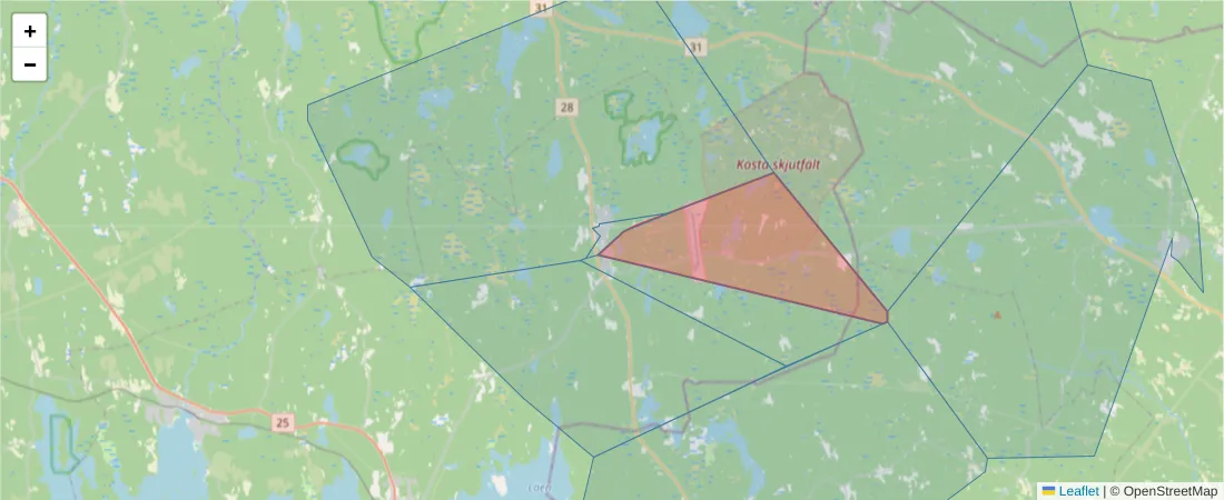 Karta över postnummerområdet  och angränsande postnummer i Sverige