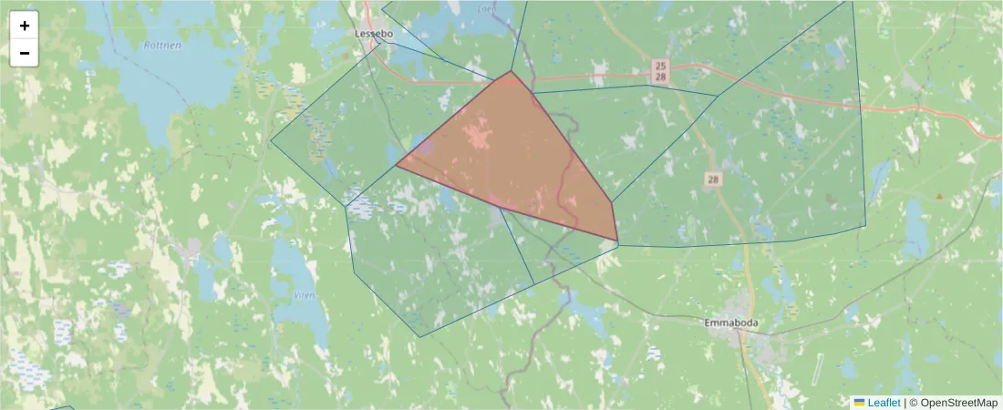 Karta över postnummerområdet  och angränsande postnummer i Sverige