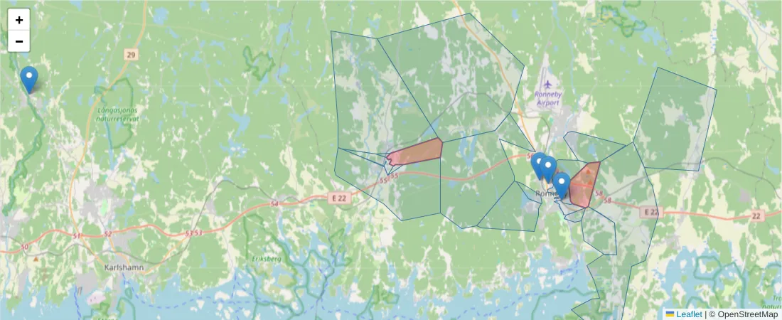 Karta över postnummerområdet  och angränsande postnummer i Sverige