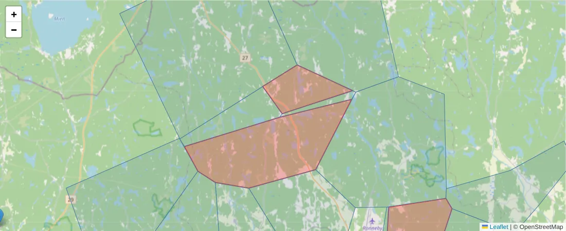 Karta över postnummerområdet  och angränsande postnummer i Sverige