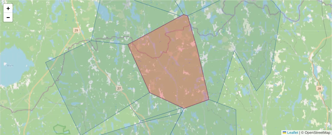 Karta över postnummerområdet  och angränsande postnummer i Sverige
