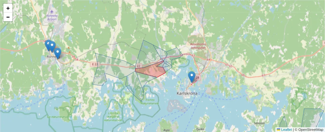 Karta över postnummerområdet  och angränsande postnummer i Sverige