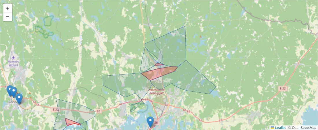 Karta över postnummerområdet  och angränsande postnummer i Sverige