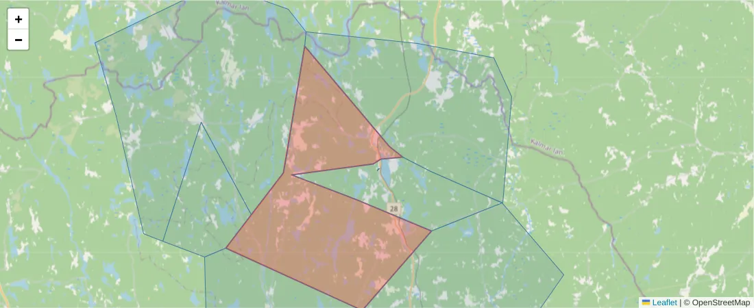 Karta över postnummerområdet  och angränsande postnummer i Sverige