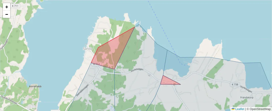 Karta över postnummerområdet  och angränsande postnummer i Sverige