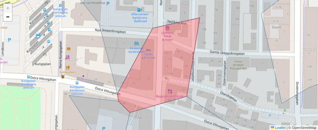 Karta över postnummerområdet  och angränsande postnummer i Sverige