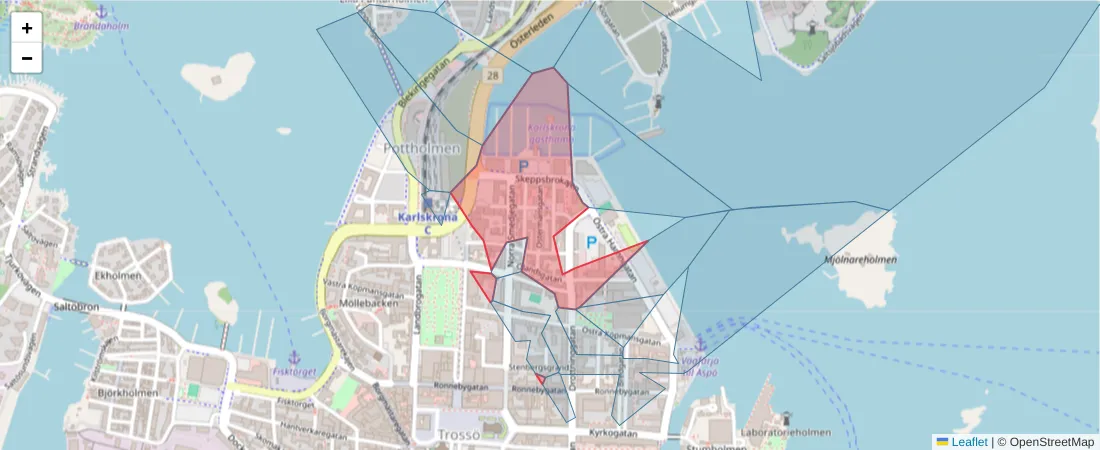 Karta över postnummerområdet  och angränsande postnummer i Sverige
