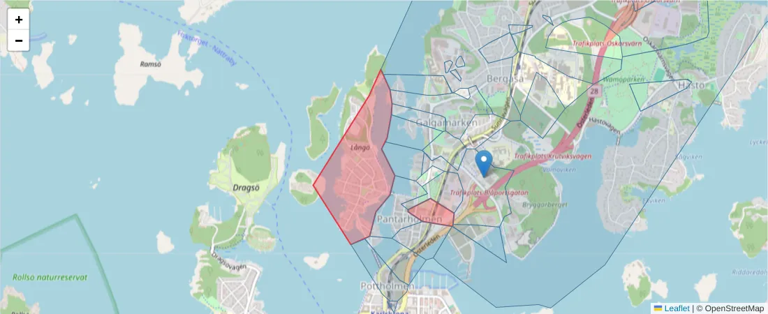 Karta över postnummerområdet  och angränsande postnummer i Sverige