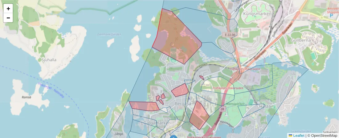 Karta över postnummerområdet  och angränsande postnummer i Sverige