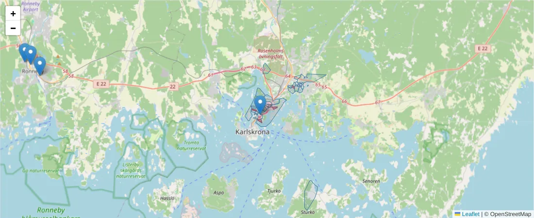 Karta över postnummerområdet  och angränsande postnummer i Sverige