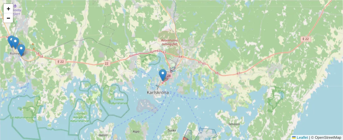 Karta över postnummerområdet  och angränsande postnummer i Sverige