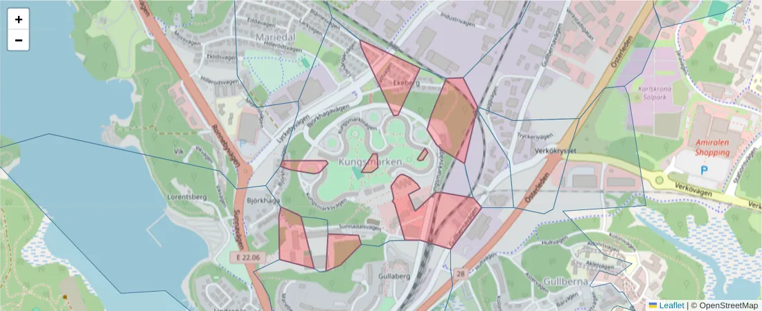 Karta över postnummerområdet  och angränsande postnummer i Sverige