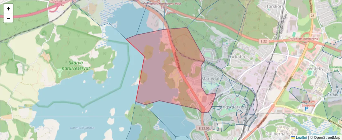 Karta över postnummerområdet  och angränsande postnummer i Sverige