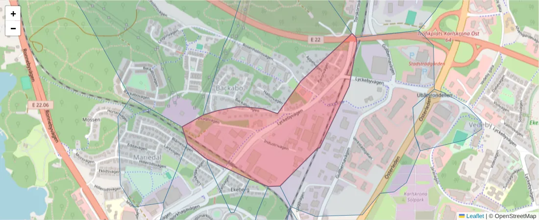 Karta över postnummerområdet  och angränsande postnummer i Sverige