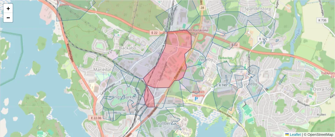 Karta över postnummerområdet  och angränsande postnummer i Sverige