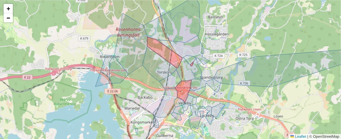 Karta över postnummerområdet  och angränsande postnummer i Sverige