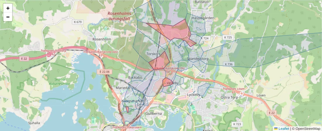 Karta över postnummerområdet  och angränsande postnummer i Sverige
