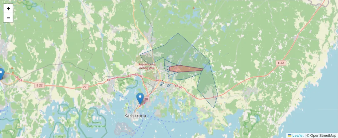Karta över postnummerområdet  och angränsande postnummer i Sverige