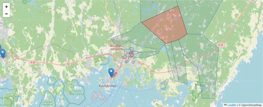 Karta över postnummerområdet  och angränsande postnummer i Sverige
