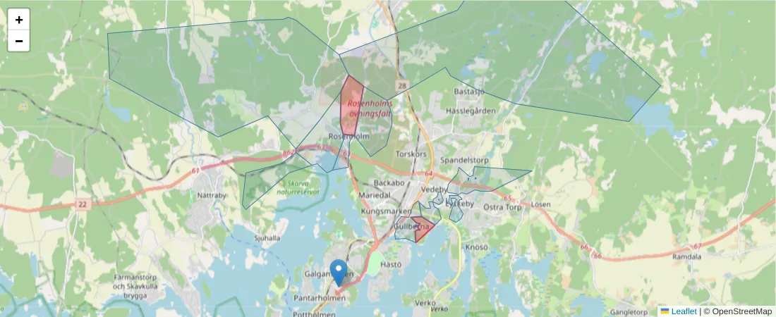 Karta över postnummerområdet  och angränsande postnummer i Sverige