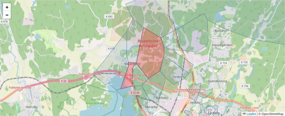 Karta över postnummerområdet  och angränsande postnummer i Sverige