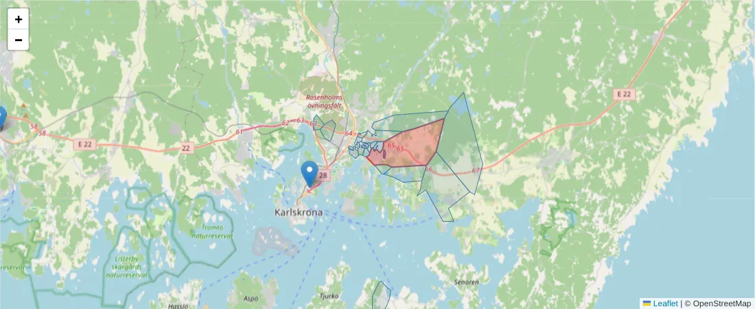 Karta över postnummerområdet  och angränsande postnummer i Sverige