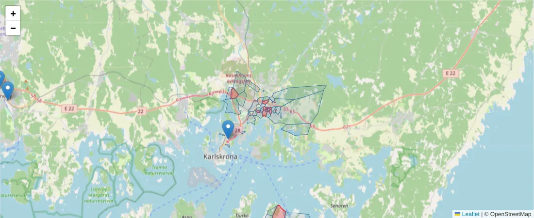 Karta över postnummerområdet  och angränsande postnummer i Sverige