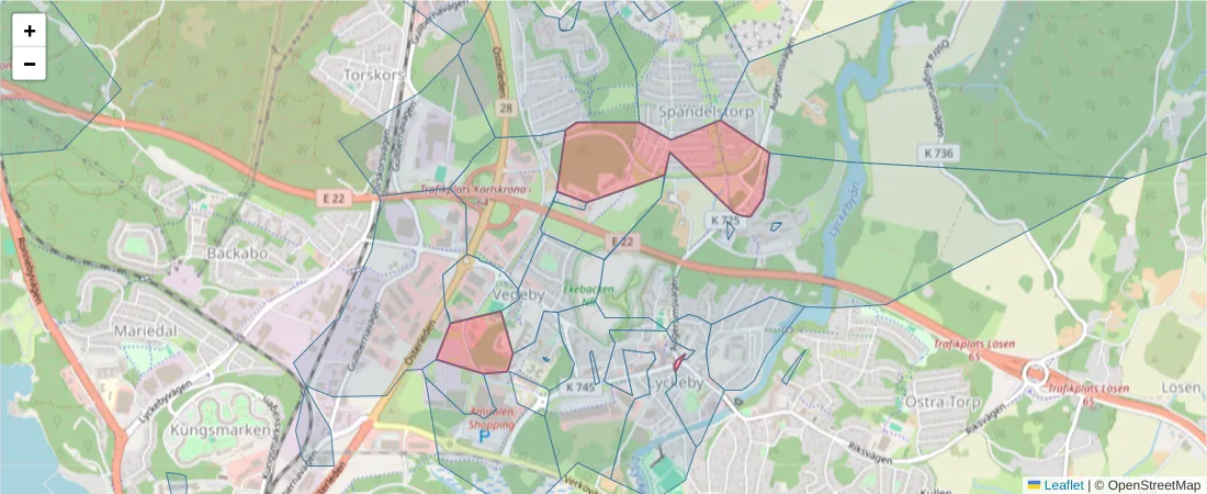Karta över postnummerområdet  och angränsande postnummer i Sverige