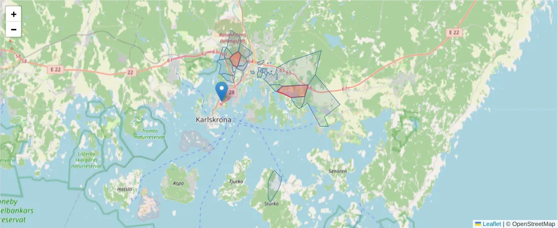 Karta över postnummerområdet  och angränsande postnummer i Sverige