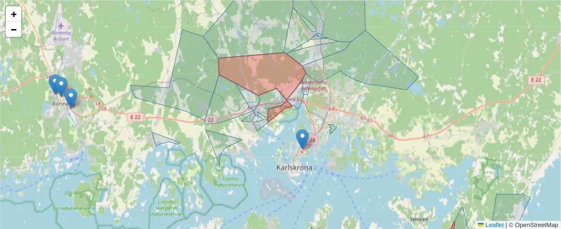 Karta över postnummerområdet  och angränsande postnummer i Sverige