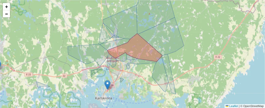 Karta över postnummerområdet  och angränsande postnummer i Sverige