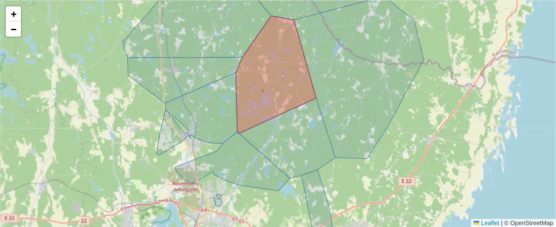 Karta över postnummerområdet  och angränsande postnummer i Sverige