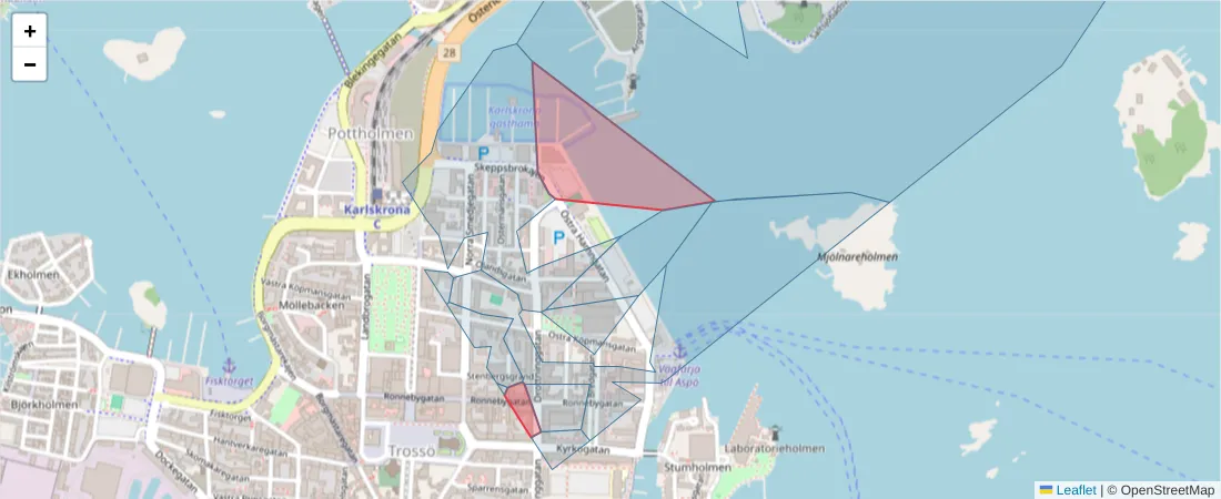 Karta över postnummerområdet  och angränsande postnummer i Sverige