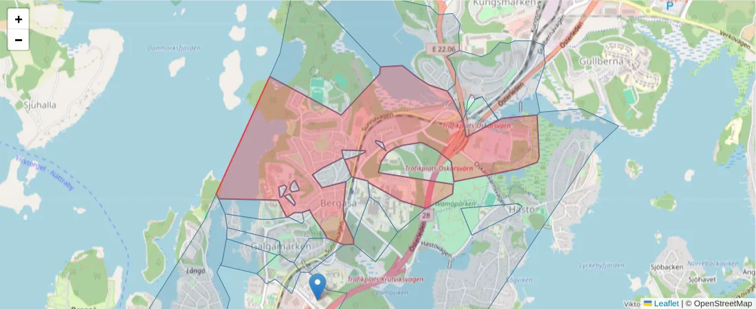 Karta över postnummerområdet  och angränsande postnummer i Sverige