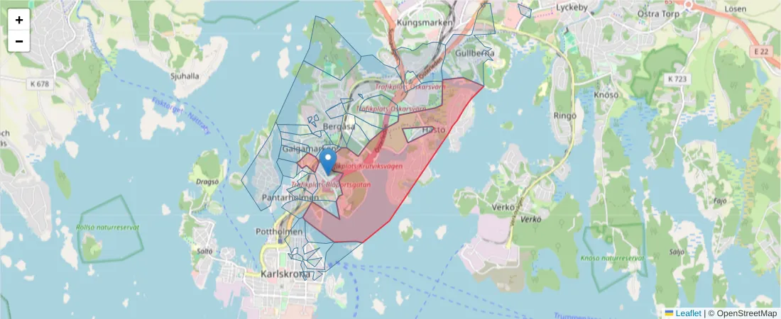 Karta över postnummerområdet  och angränsande postnummer i Sverige