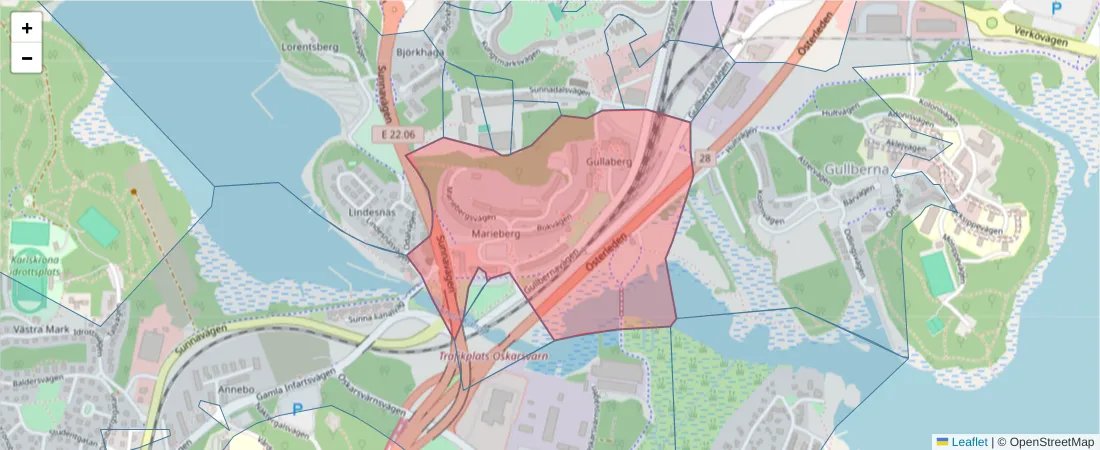 Karta över postnummerområdet  och angränsande postnummer i Sverige