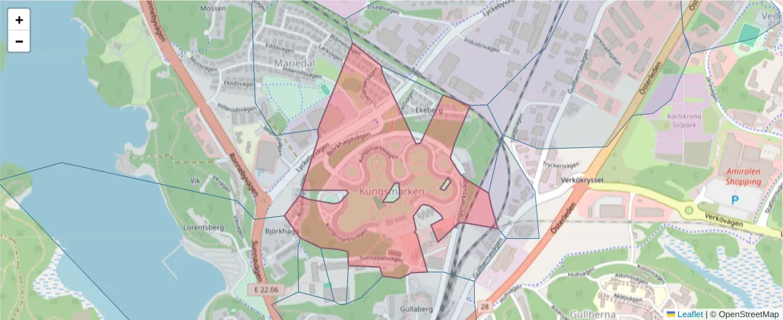 Karta över postnummerområdet  och angränsande postnummer i Sverige