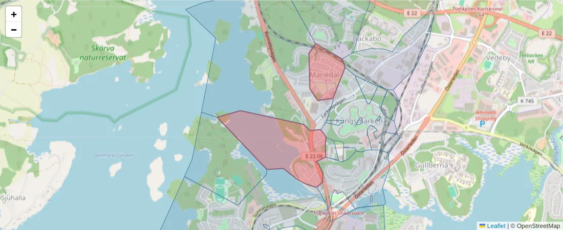 Karta över postnummerområdet  och angränsande postnummer i Sverige