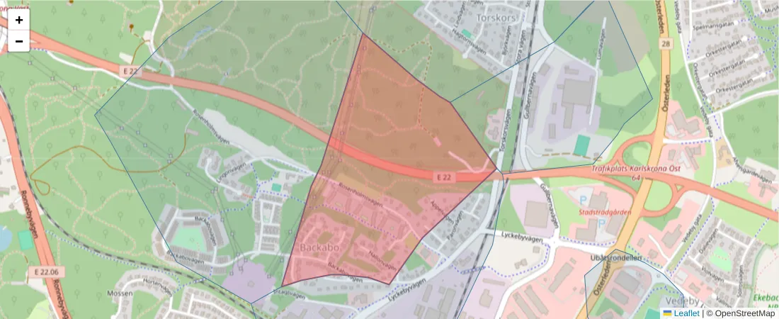 Karta över postnummerområdet  och angränsande postnummer i Sverige