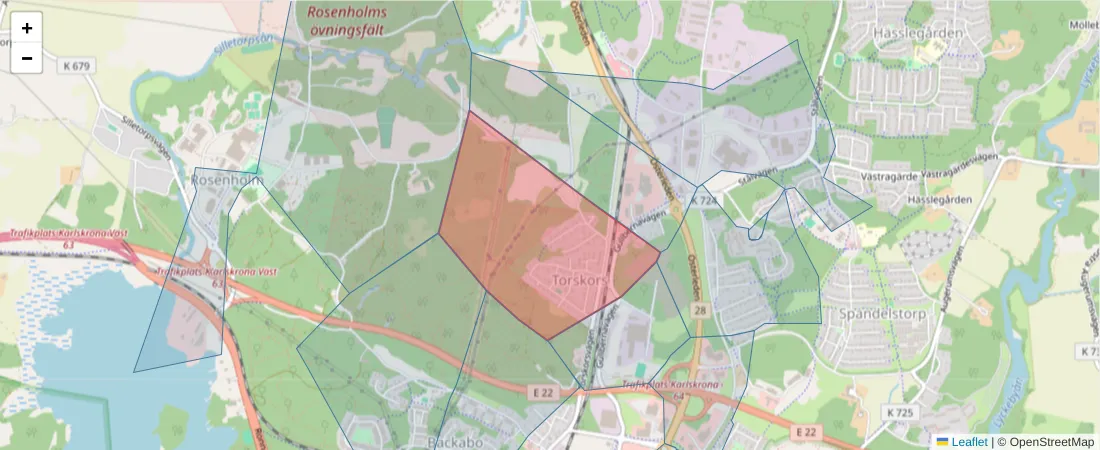 Karta över postnummerområdet  och angränsande postnummer i Sverige
