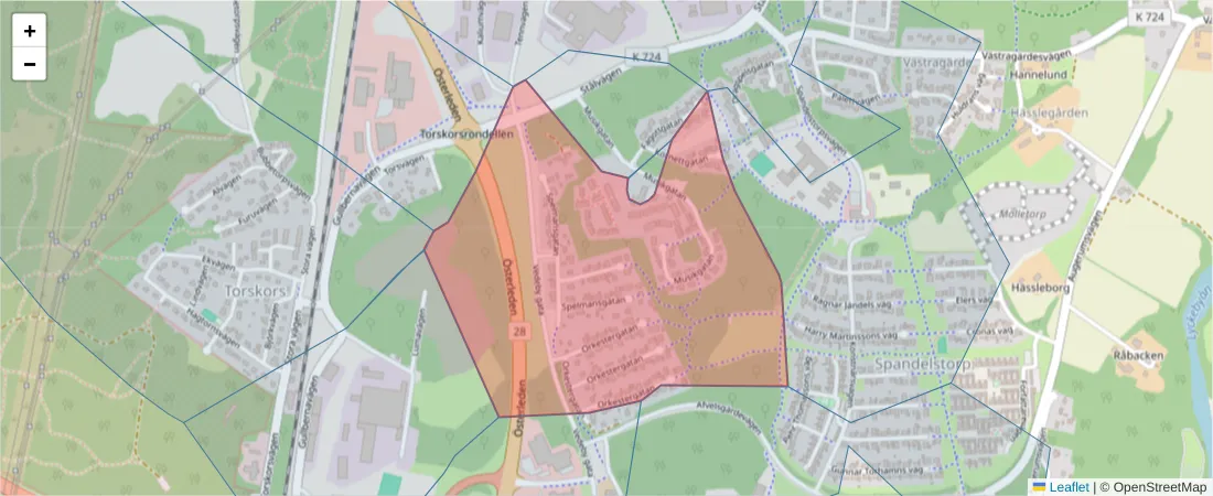 Karta över postnummerområdet  och angränsande postnummer i Sverige