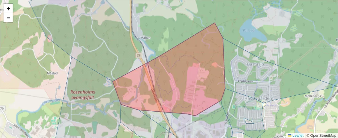 Karta över postnummerområdet  och angränsande postnummer i Sverige