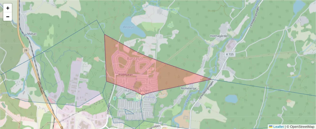 Karta över postnummerområdet  och angränsande postnummer i Sverige