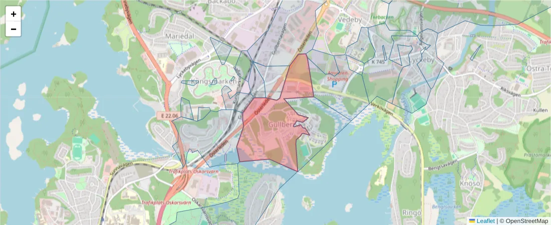 Karta över postnummerområdet  och angränsande postnummer i Sverige