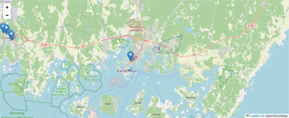 Karta över postnummerområdet  och angränsande postnummer i Sverige