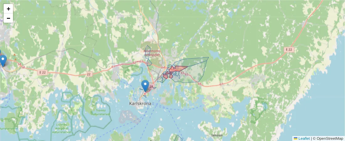 Karta över postnummerområdet  och angränsande postnummer i Sverige