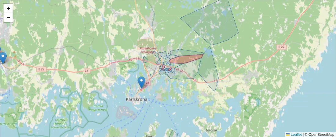 Karta över postnummerområdet  och angränsande postnummer i Sverige