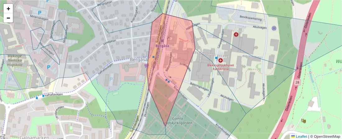 Karta över postnummerområdet  och angränsande postnummer i Sverige